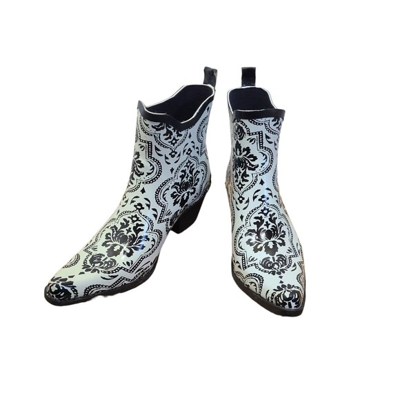 Corkys Shoes - Corkys Black White Rubber Ankle Rain Boots Damask 7 Womens